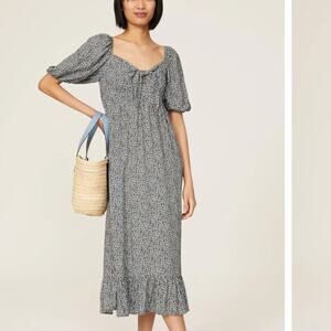 Slate & Willow Black White Calico Midi Dress MEDIUM Cottage Prairie Ruffle $140